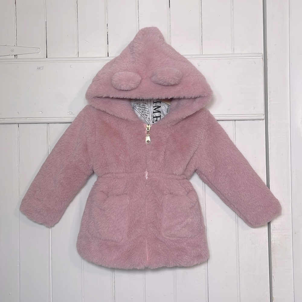 BOUTIQUE EUC Pink Fuzzy Vegan Faux Fur Hooded Teddy Bear Zip Up Parka Jacket